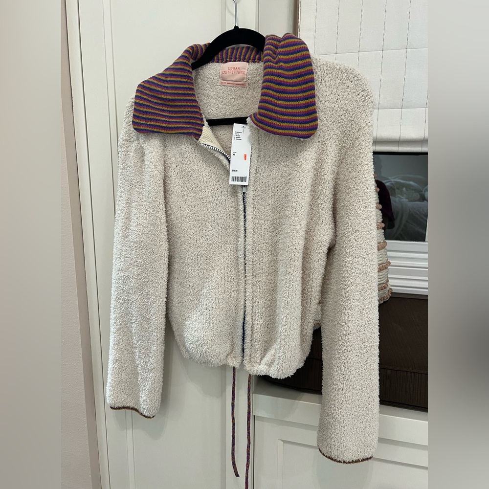 Urban Outfitters Chenille Fleece Zip Jacket (Ivory w/ Rainbow Stripe Collar)